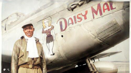 Crockett-with-his-plane-22Daisy-Mae22-Repaired-Enhanced-Colorized